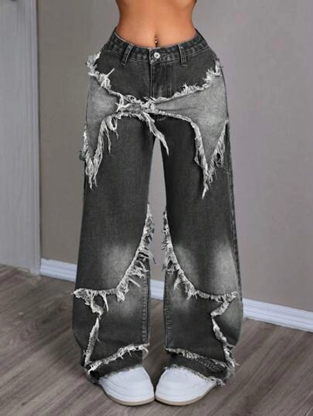 Women's Patchwork Frayed Hem Wide Leg Loose Casual Versatile Jeans