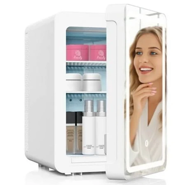 Advwin 20L Skincare Fridge with Mirror & LED Lighting, 3-Mode Dimmable, Cooler & Warmer with Drip Tray, Bedroom, Vanity, Car & Home Use, White