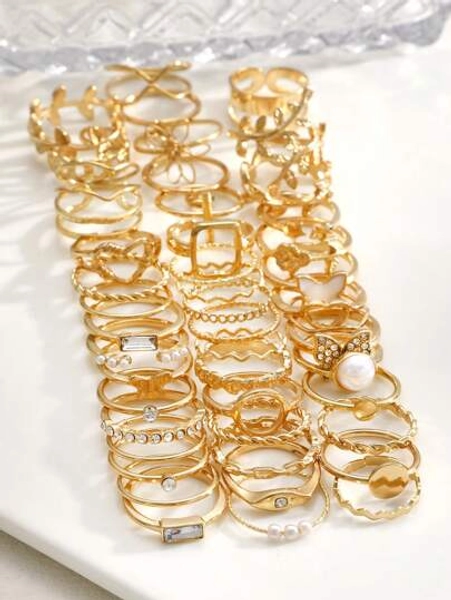 73/66/47pcs Set Fashionable Minimalist Elegant Vintage Design Heart, Butterfly, Faux Pearl, Rhinestone, Geometric Wave, Infinity, Star, Round Disc Multi-Layer Wide Metal Rings Set, Holiday, Party, Date, Gift, Daily Wear