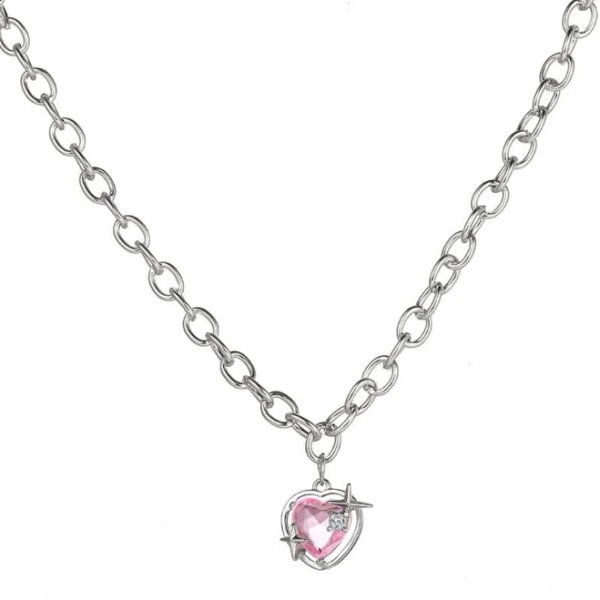 Lovecore Shimmering Heart Bow Necklace with Rhinestones