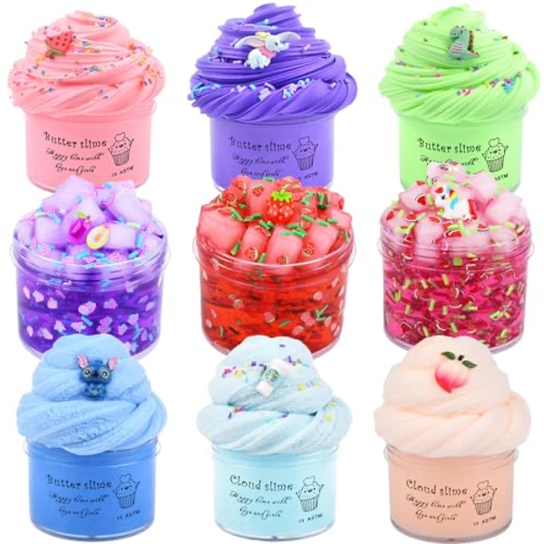 9 Pack Slime Kit, with 3 Jelly Cube Crunchy Slime and 3 Cloud Slime and 3 Butter Slime, Soft Stretchy Clear Crunchy Slime, for Stress Relief Toy Girls Boys, Birthday Gift, Kids Party Favors