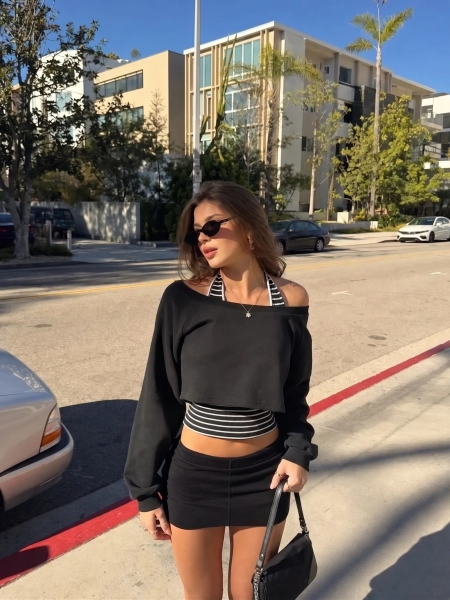 Two Piece Terry Asymmetrical Neck Crop Sweatshirt With Striped Tank Top