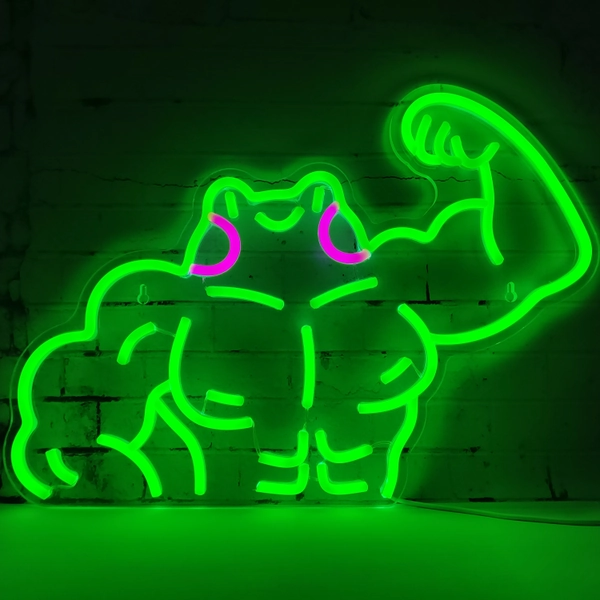 1pc Strong Frog Neon Sign Light - Cartoon Muscle Frog LED Wall Art with Vibrant Green Glow, Durable Metal Indoor Wall Decor for Game Room, Garage, Living Room - Funny Animal-Shaped Gift for Christmas & Thanksgiving, Garage Decoration, Playful Design, Highquality Lighting, Animal Lovers