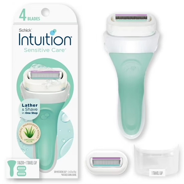 Schick Intuition 4-Blade Sensitive Care Women's Razor Handle Plus 2 Manual Razor Cartridge Refills
