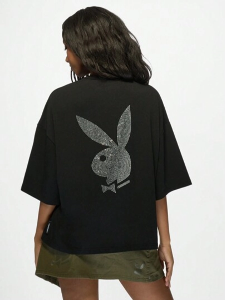 Missguided x Playboy Collection Rhinestone Bunny Logo Oversized T-Shirt | Streetwear Fashion Statement Top | Urban Casual Club Party Wear