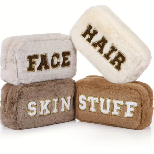 Preppy girl stuff, Make up bag, 4pcs Chenille Letter Preppy Patches Makeup Bag Plush Fuzzy Cosmetic Hair Light Beige Face Toiletry, Vanity
