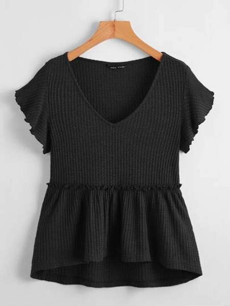 SHEIN LUNE Butterfly Sleeve Waffle Knit Peplum Top