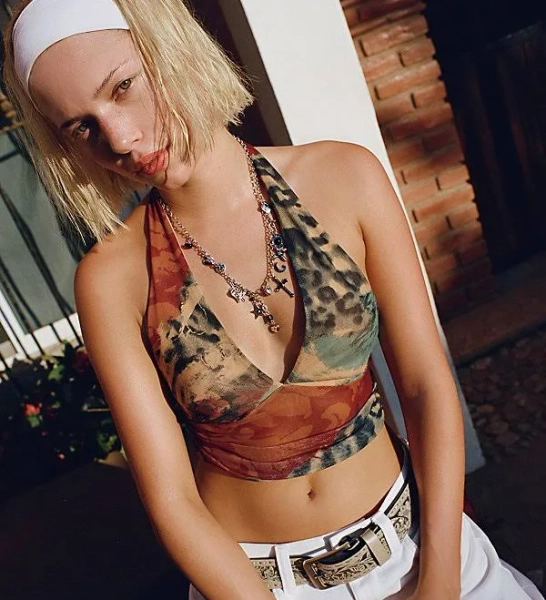 Silence + Noise Camellia Mesh Halter Top in Brown, Women's S at Urban Outfitters