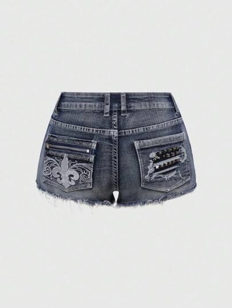 ROMWE J-Fashion Vintage Y2K Punk Style Low Waist Super Short Zipper Rivet Pocket Embroidered Women Denim Shorts