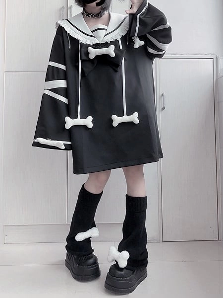 [$51.00]Black & White Jirai Kei Sailor Collar Dress with Convertible Zip-Shoulder and Detachable Bone Accents