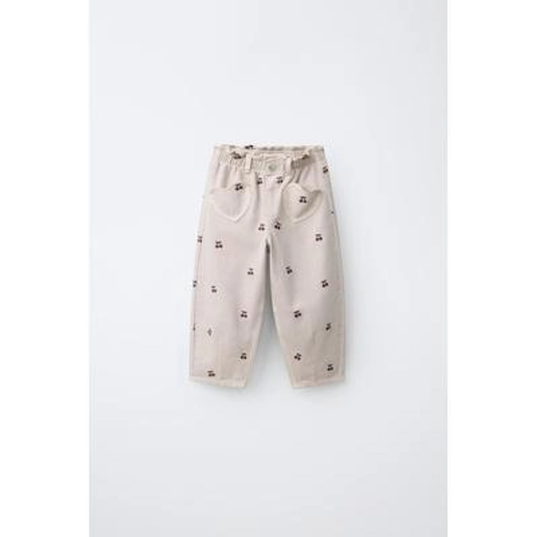Zara - Embroidered Cherry Baggy Twill Pants - Beige - 2 Years (36,2 Inches) - Kids