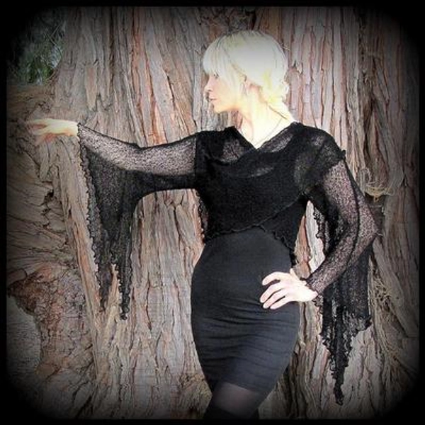 Witchy Morticia Wrap Sweater, fantasy clothing, pointy bell sleeves for belly dance, fairy shirt, gothic Witchcraft clothing, Pagan gift