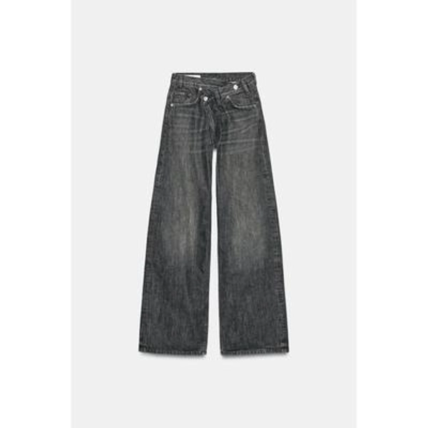 Zara - Trf Wide-Leg Crossed Waist High-Waist Jeans - Black - 10 - Woman