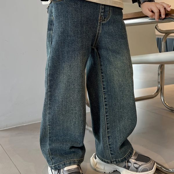 Medium And Large Boys Teenagers Simple Washed Retro Long Wide-leg Straight Pants Loose Versatile Casual Jeans