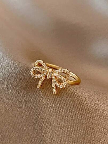 1pc Fashionable Personalized Sweet Creative Design Micro-Inlaid Cubic Zirconia Bowknot Open Ring Valentines, Mom, Mother, Mother's Day, Gift