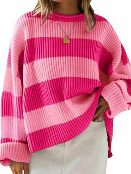 EMERY ROSE Plus Size Casual Colorblock Striped Sweater, Autumn/Winter