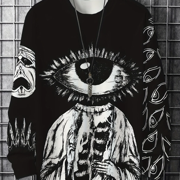 Men's Gothic Black & White Face & Eye Graphic Long Sleeve Tunic T-Shirt - Bold Statement Casual Round Neck Top with All-Over Print, Machine Washable - Gothic Style for Concerts, Costume Parties & Casual Attire - Novelty Men's Fashion with Intricate White & Black Design, Relaxed Fit, Iconic Gothic Aesthetic, Smooth Fabric, No Buttons or Zippers, Suitable for Layering or Standalone Wear