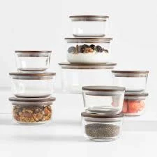 Crate & Barrel 20-Piece Round Glass Food Storage Container with Dark Acacia Wood Lids