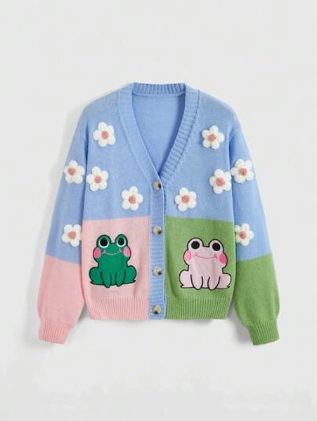 ROMWE Kawaii Plus Size Embroidered Frog & 3D Floral Colorblock Cardigan, For Winter