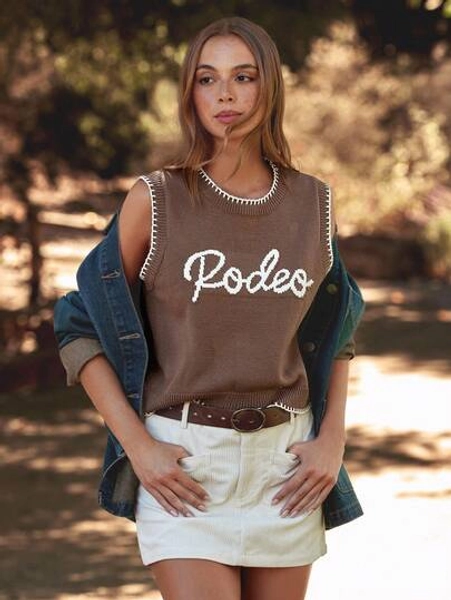 WESTFADE Round Neck Multi Stitch Rodeo Embroidered Sweater Vest Fall, Autumn, Winter, Nashville Concert, Casual, Cute, Boho, Western Wear For Women