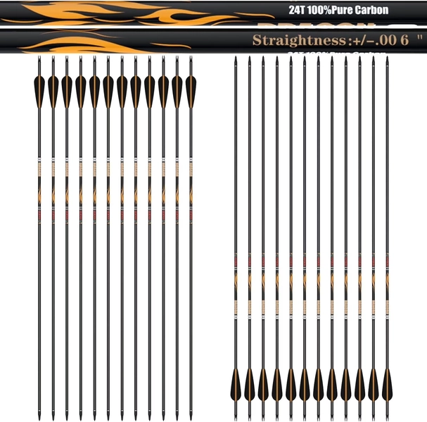 sanlida 24 PCs, 100% Pure Carbon Arrows, 0.006'' Straightness, Dragon 8 Flagship 24T Carbon Hunting Arrow for Compound Bow, Professional Standard Hunting Arrows with Removable Tips