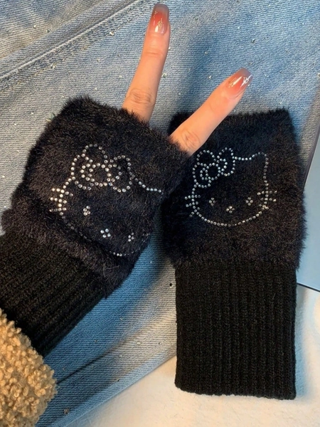 SANRIO 1 Pair Hello Kitty Plush Rhinestone Gloves, Thick & Warm For Winter, Cute Cartoon Design For Women, Flexible & Convenient, Suitable For Autumn/Winter