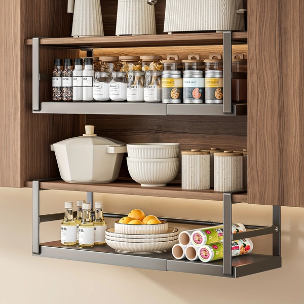 Expandable Kitchen Storage Rack for Organizing Spice Jars And Seasonings, Featuring an Adjustable Metal Cabinet Shelf with a Layered Partition Design for Under-Cabinet Hanging