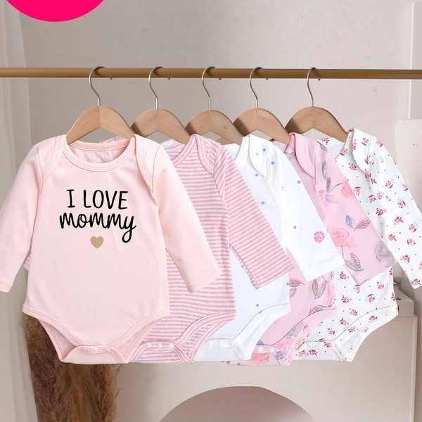 4 Piezas de Conjunto Aleatorio de Bodysuit de Manga Larga para Niñas Otoño/Invierno con Estampado "I Love Mom" en Inglés, Pelele Suave y Cómodo, Regalo para Bebé, Ideal para Exteriores