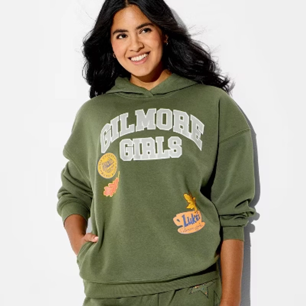 Women's Hooded Gilmore Girls Patch Graphic Pullover Sweatshirt - Olive Green