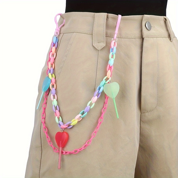 Vibrant Double Layer Chain Waist Pants - Stylish Peach Heart Lollipop Design, Colorful Acrylic Chain Decoration, Fashionable Waist Accent for Women