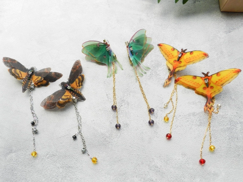 Silk moth butterfly collar clip pins with chains - collar brooch accessories 1 pair