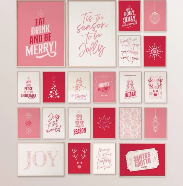 Pink & Red Christmas Gallery Wall Art: Set of 25 Holiday Decor for girls room (Digital Download)