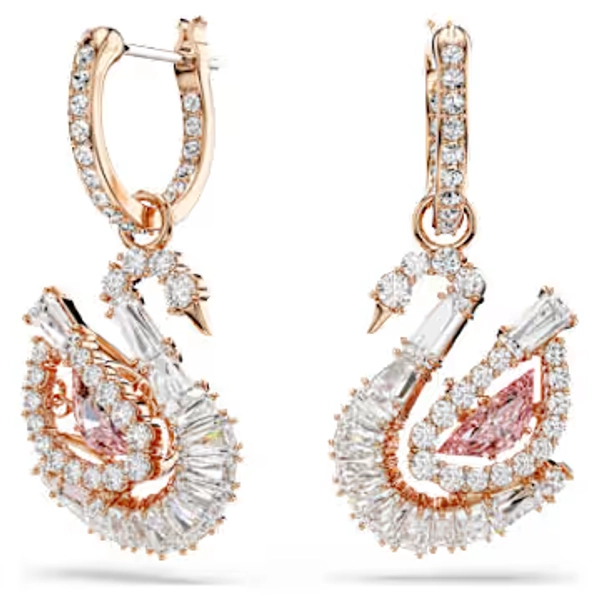 Swan drop earrings, Pavé, Swan, Pink