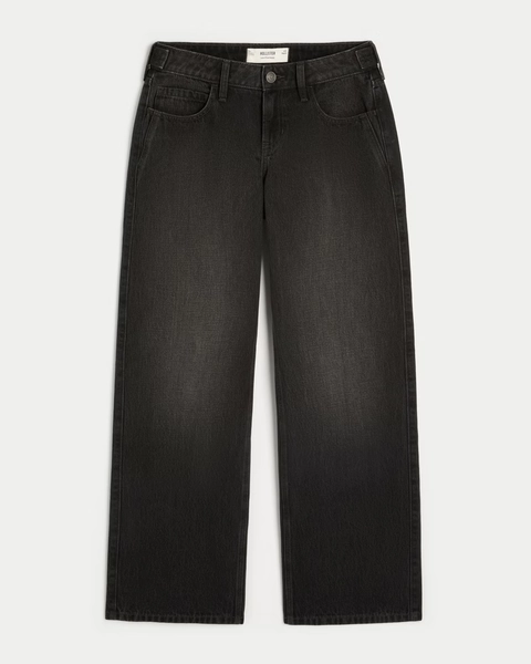 Low-Rise Adjustable Waist Washed Black Baggy Jeans
