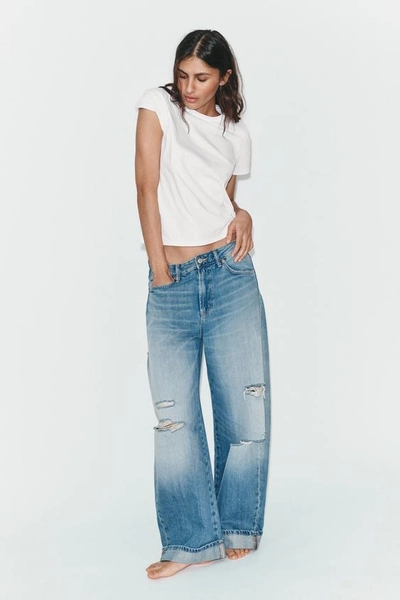 TRF MID-WAIST RIPPED BAGGY FOLDED JEANS