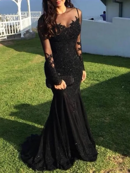 Sequin Mermaid Evening Gown with Sheer Lace Sleeves