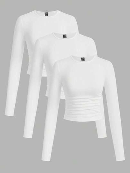 SHEIN EZwear 3pcs/Set Women's Casual Solid Color Crew Neck Ruched Long Sleeve T-Shirts, Autumn/Winter