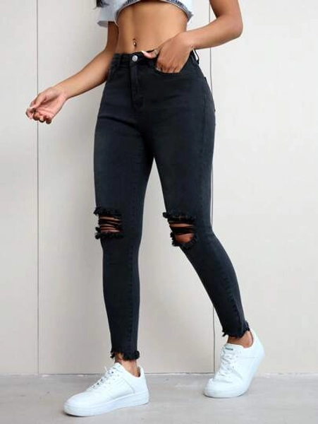 SHEIN Essnce Simple Solid Front Button Ripped Pockets Casual Denim Pants, Daily Wear