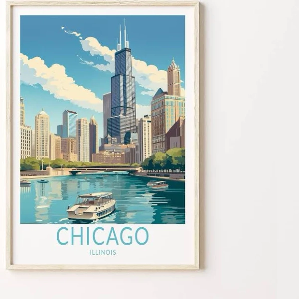 Chicago Travel Poster, Chicago Poster Print, Chicago City Wall Art, Chicago Illinois Travel Wall Art, Traveler Poster Home Decor