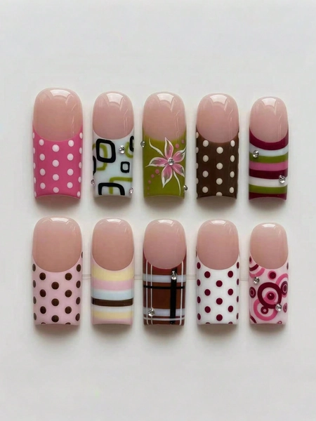 24pcs Long Coffin Shaped Vintage Nails, Floral Nails And Polka Dot Nails With Pearl Decoration, Square French Tip Press-On Nails, Perfect Fit, Fake Nail Set, Includes: 1pc Double-Sided Adhesive And 1pc Nail File, Polka Dot Nails