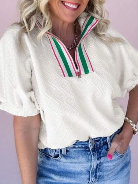 Women's White Drop Shoulder Striped Zipper Half Textured Tee, Spring/Summer