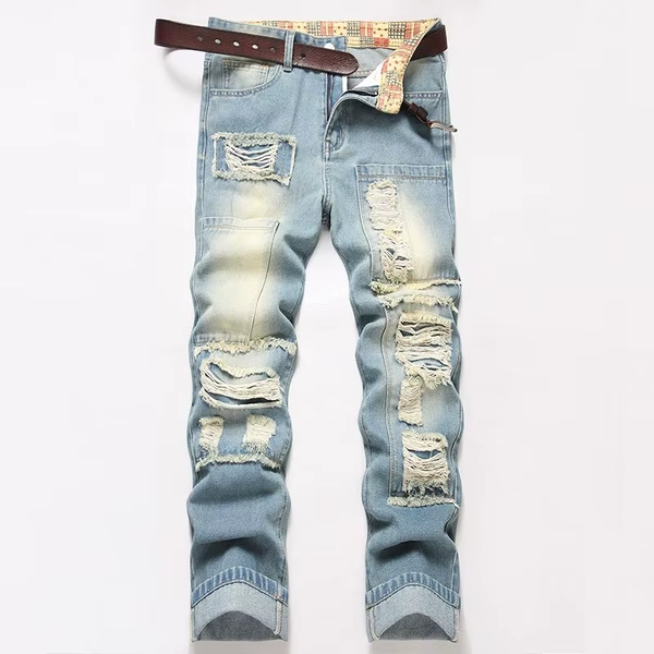 Autumn Men's New Light Blue Slim Fit Jeans Men's Ripped Loose Jeans Elastic Hole Versatile High Street Denim Pants Retro Washed - AliExpress 200000343