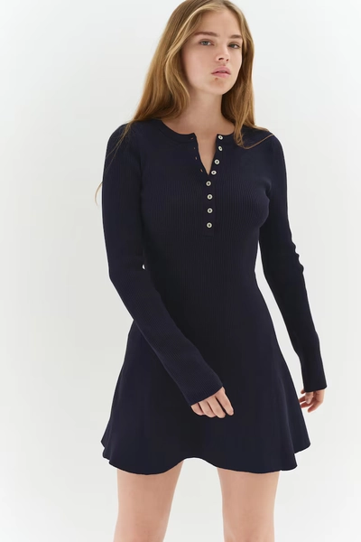 Rib-Knit Dress with Flared Skirt - Navy blue
