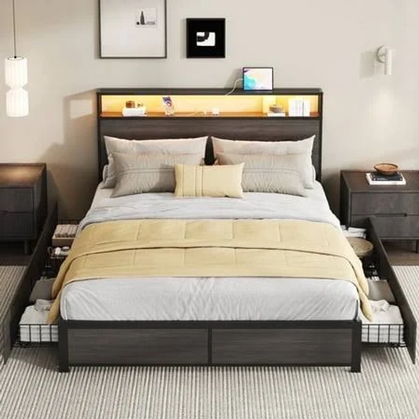 Lifezone Queen Bed Frame with 2-Tier Bookcase Headboard, Charging Station, LED Light, 4 Lockable