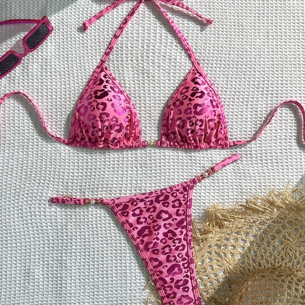 Women'S Leopard Print Halter Bikini Set 2pcs, Vacation Style, Summer Beach, Photography