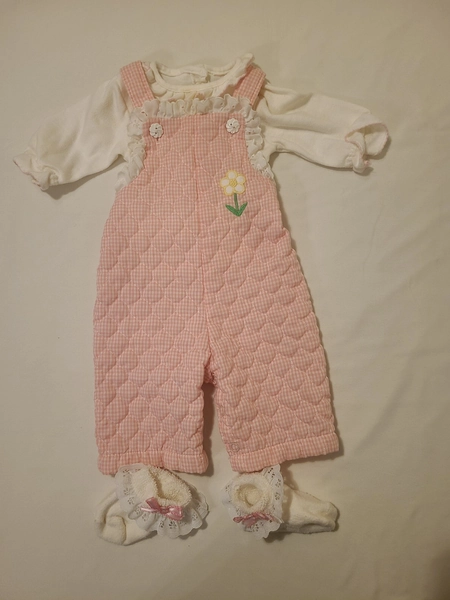 VINTAGE 1980s PINK GINGHAM BIB OVERALLS WITH MATCHING SHIRT &amp; SOCKS -SIZE 3 Mo