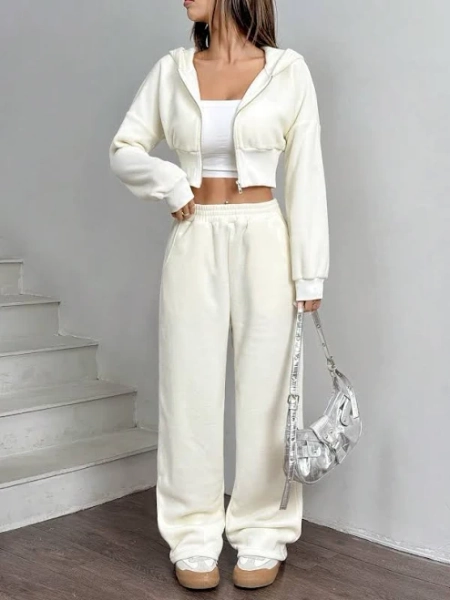 SHEIN Women's Solid Color Front Button Long Sleeve Short Hoodie Sweatshirt And Pants Set