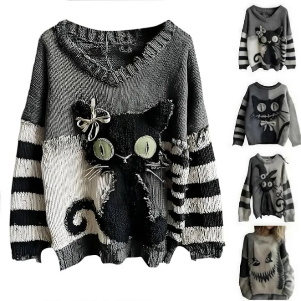 ACIMxd Women's Spooky Face Stitched Cozy Knit Sweater
