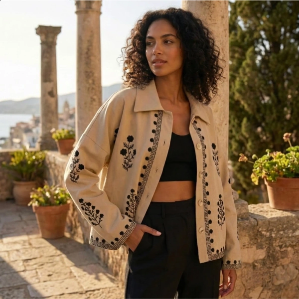 Beige Embroidered Floral Oversized Jacket, Women's Relaxed Shacket