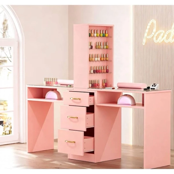 Double Manicure Table for Nail Tech with Drawers Nail Desk Station w/3 Storage Drawers & 8-Tiers Open Shelves